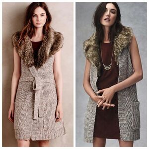 Anthropologie Angel of the North Knit Vest Faux Fur Collar Beige Size Small